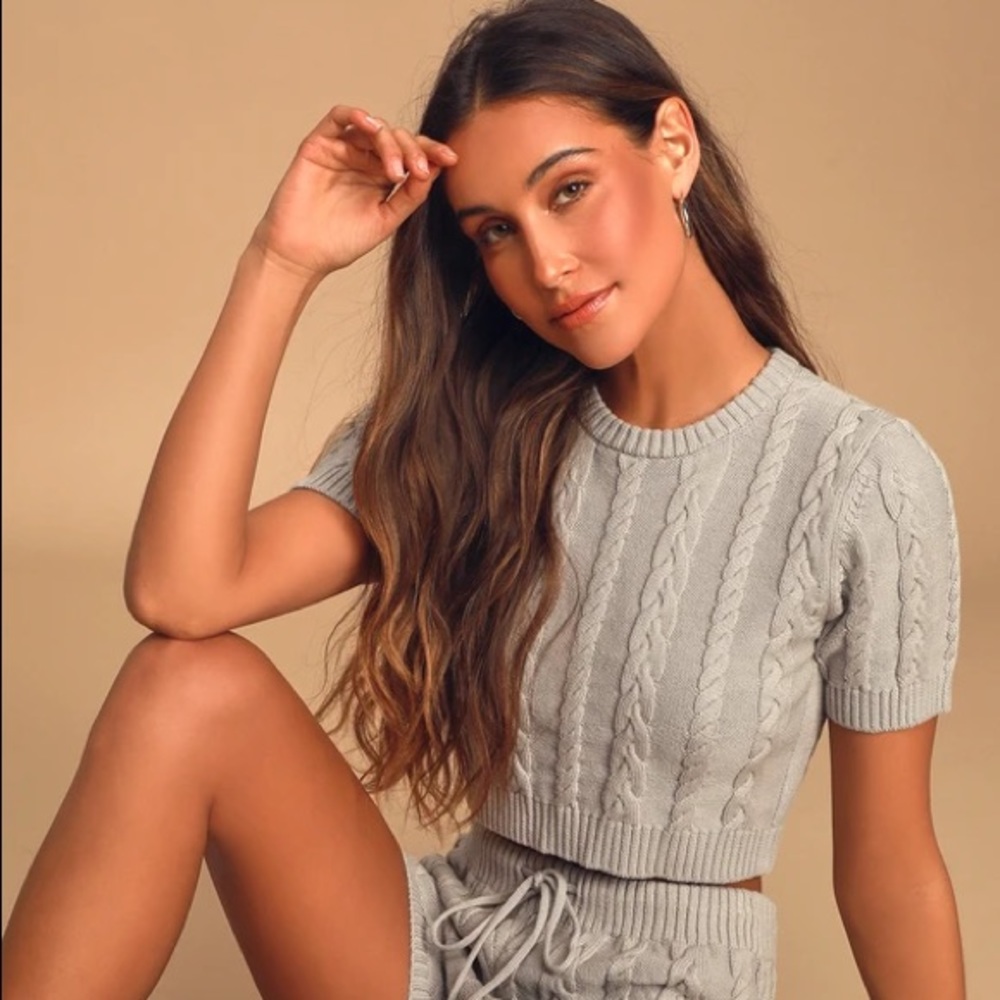 Green Cable Knit Short Sleeve Sweater Top
